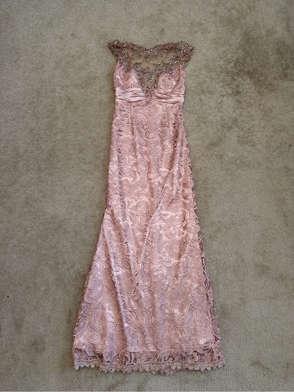 Women’s Blush Pink Beaded Illusion Neck Lace Evening Gown Formal Dress